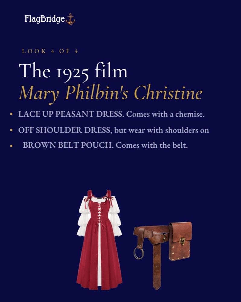 Look 4 of 4: Mary Philbin's Christine from the 1925 silent film, showing the red lace up peasant dress, white chemise sleeves and brown belt pouch