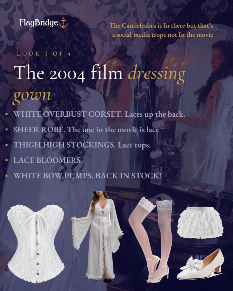 Look 1 of 4: the 2004 film Christine Daae dressing gown closet cosplay, showing the white overbust corset, sheer robe, thigh high stockings, lace bloomers and white bow pumps