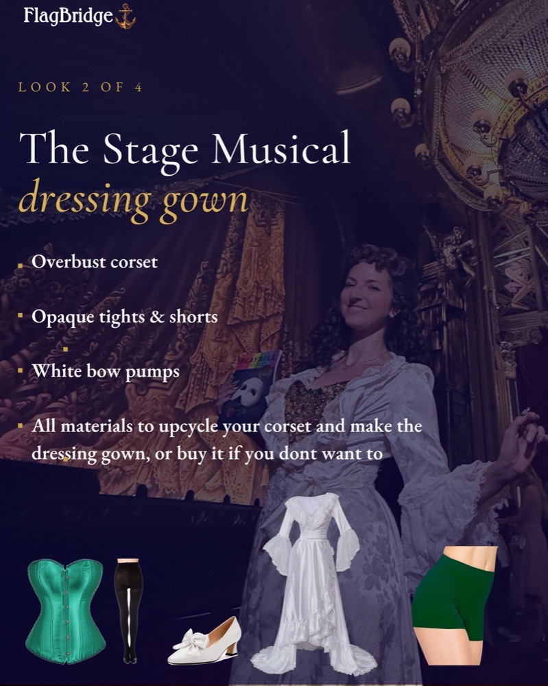 Look 2 of 4: the stage musical Christine Daae dressing gown closet cosplay, showing the overbust corset, opaque tights, shorts, white bow pumps and the dressing gown