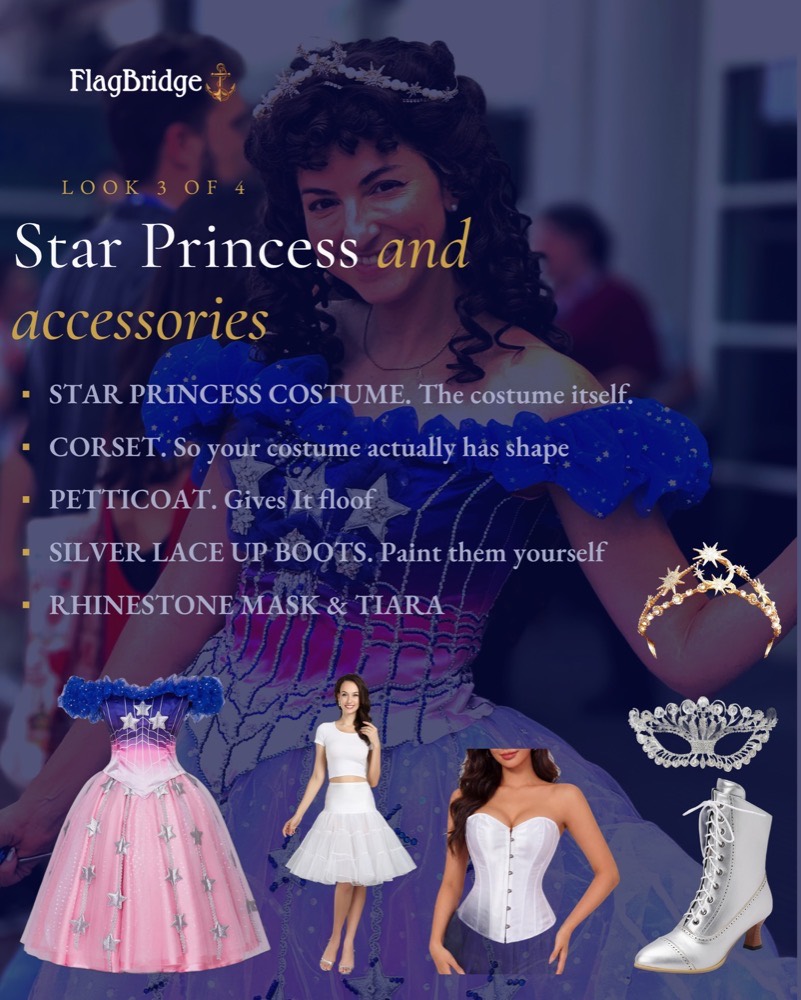 Look 3 of 4: the Star Princess Christine Daae masquerade costume, showing the costume, corset, petticoat, silver lace up boots, rhinestone mask and star tiara